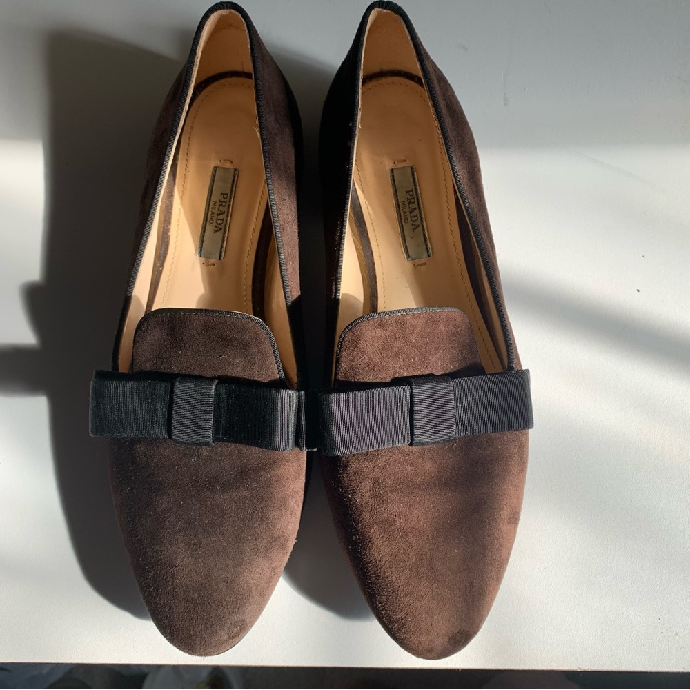 Prada Brown Suede Ribbon Bow Loafer